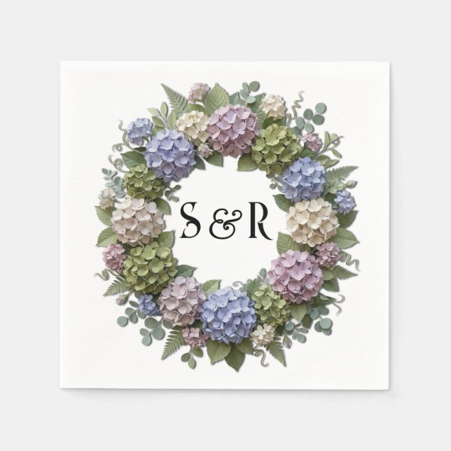 Serviette En Papier Couronne de mariage Hydrangea Monogramme (Devant)