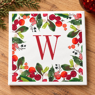Serviette En Papier Couronne de monogramme élégant de verdure de Noël