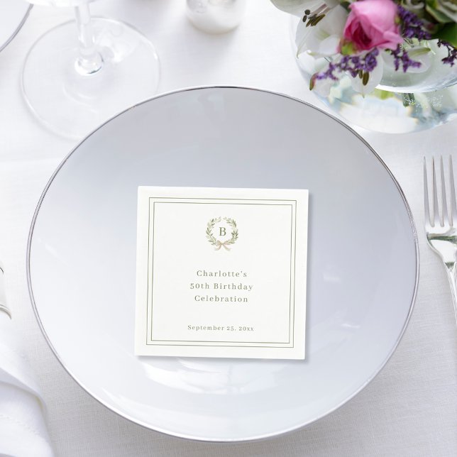 Serviette En Papier Couronne de monogramme vert blanc pour anniversair (Créateur téléchargé)
