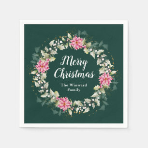 Serviette En Papier Couronne de Noël aux poinsettias roses Joyeux Noël