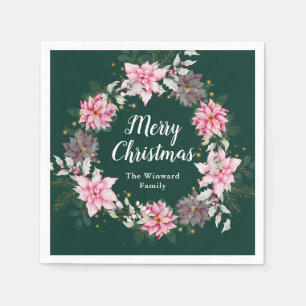 Serviette En Papier Couronne de Noël aux poinsettias roses Joyeux Noël