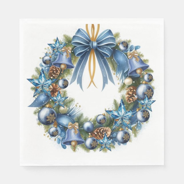 Serviette En Papier Couronne de Noël bleue et or (Devant)