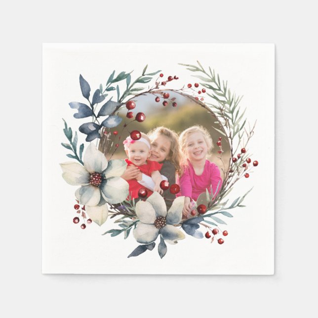 Serviette En Papier Couronne de Noël, fleurs blanches, baies rouges ph (Devant)