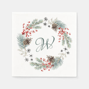 Serviette En Papier Couronne de Noël Pin Baies Flocons Monogramme