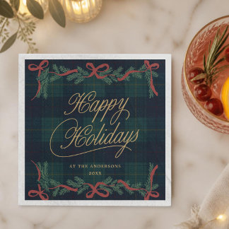 Serviette En Papier Couronne de Noël Tartan Plaid Cocktail de Fêtes
