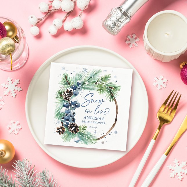 Serviette En Papier Couronne de pins de douche de mariée d'hiver amour (Snow in love winter bridal shower pines wreath personalized napkins rustic pines winter tableware)