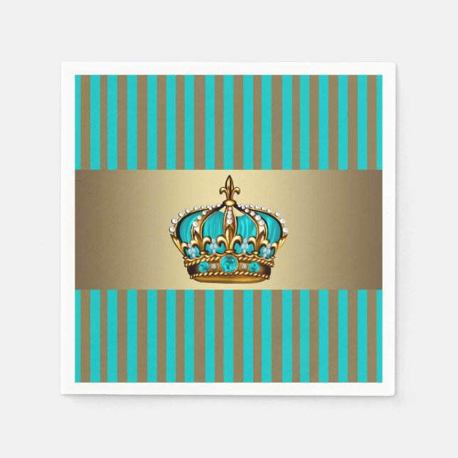 Serviette En Papier Couronne de prince Turquoise Bleu Or (Devant)