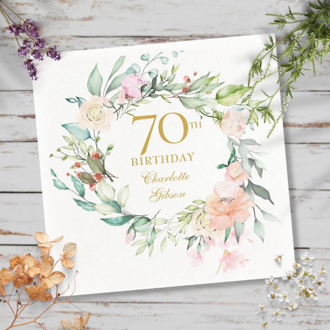 Serviette En Papier Couronne de roses d'été pour 70e anniversaire (Sweet Summer Roses Garland 70th Birthday Napkins)