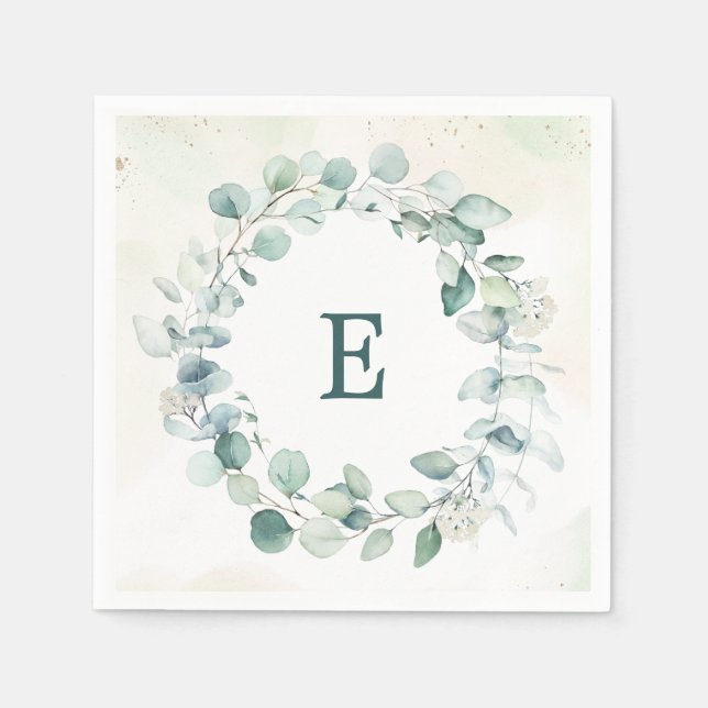 Serviette En Papier Couronne de verdure d'eucalyptus Monogramme Mariag (Devant)