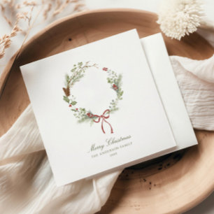Serviette En Papier Couronne de verdure hivernale ruban rouge