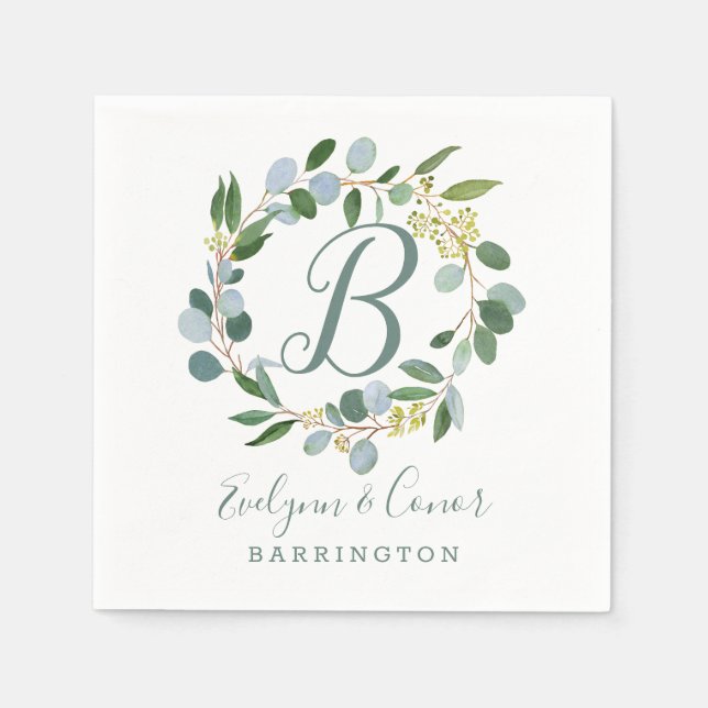 Serviette En Papier Couronne de verdure Mariage monogramme avec eucaly (Devant)
