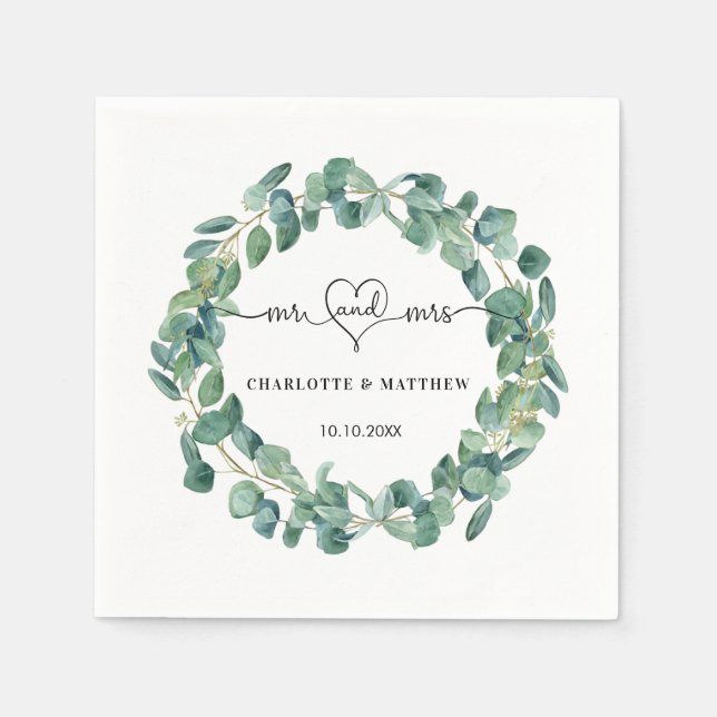Serviette En Papier couronne d'eucalyptus mariage m. noms de coeur (Devant)