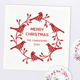 Serviette En Papier Couronne d'oiseaux scandinaves Noël personnalisé