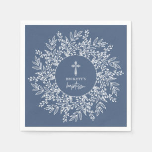 Serviette En Papier Couronne élégante et croix Baptême garçon bleu