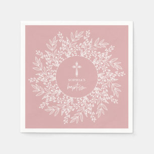Serviette En Papier Couronne et croix élégantes Baptême fille rose