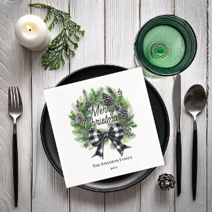 Serviette En Papier Couronne festive de vacances avec ruban BW Joyeux