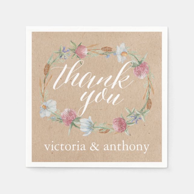 Serviette En Papier Couronne fleur sauvage Sur Mariage campagnard Kraf (Devant)