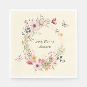 Serviette En Papier Couronne Fleurie et Papillons Anniversaire