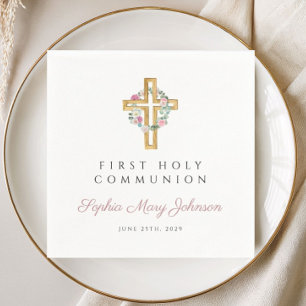 Serviette En Papier Couronne Fleurie Rose Fille Première Communion 