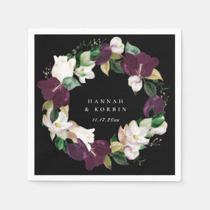 Serviette En Papier Couronne Fleurie Violet Prune Blanc D'Ivoire Noir