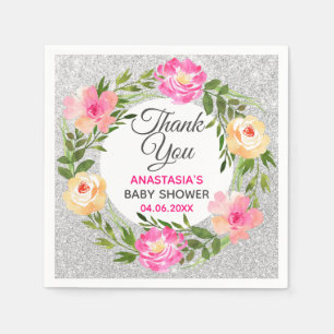 Serviette En Papier Couronne florale argent et rose pour Baby Shower d