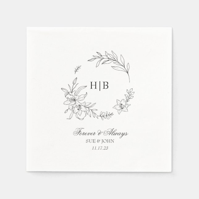 Serviette En Papier Couronne Florale Classique Monogramme Mariage (Devant)