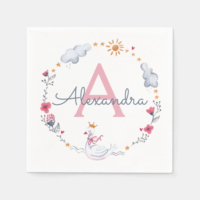 Serviette En Papier Couronne florale de cygne rose et de soleil avec m (Devant)