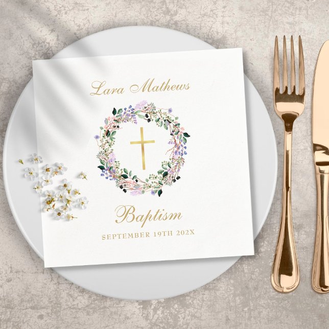 Serviette En Papier Couronne florale de lavande dorée pour baptême (Créateur téléchargé)