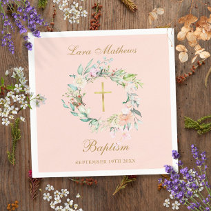 Serviette En Papier Couronne florale de roses Baptême Teinte rose