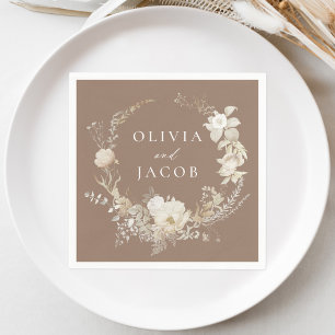 Serviette En Papier Couronne Florale Élégante Vintage Mariage Brun