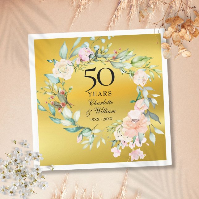Serviette En Papier Couronne florale feuille d'or 50e anniversaire de  (Floral Garland Gold Foil 50th Wedding Anniversary Napkins)