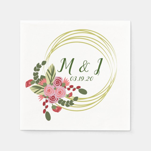 Serviette En Papier Couronne florale logo de mariage initial (Devant)