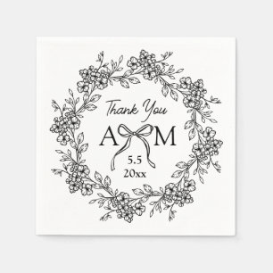 Serviette En Papier Couronne florale noire et blanche Monogramme de ma