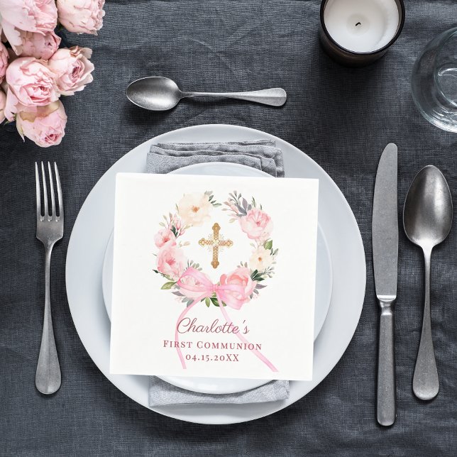 Serviette En Papier Couronne florale rose ruban déjeuner de première c (Créateur téléchargé)