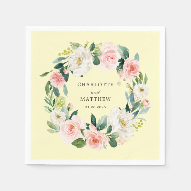 Serviette En Papier Couronne florale rose vif sur jaune (Devant)