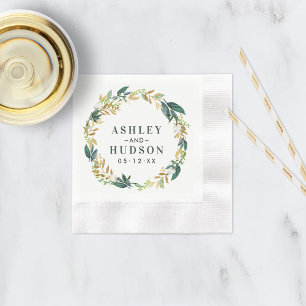 Serviette En Papier Couronne florale verte élégante en or pour mariage