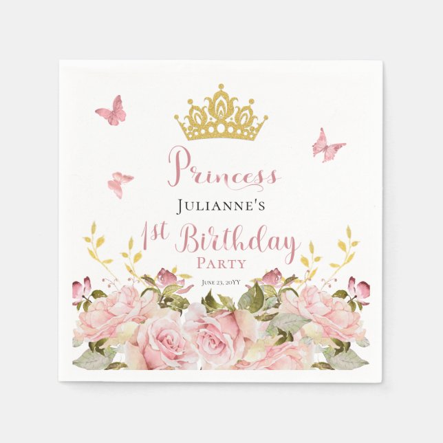 Serviette En Papier Couronne | Papillons Floral Princess 1er anniversa (Devant)