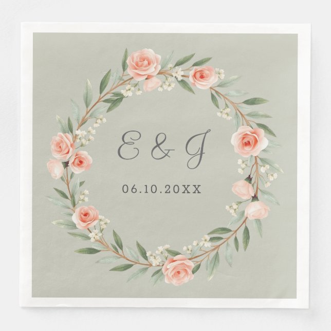 Serviette En Papier Couronne rose verte et romantique (Devant)