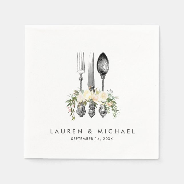 Serviette En Papier couverts ivoire fleurie verdure mariage serviettes (Devant)