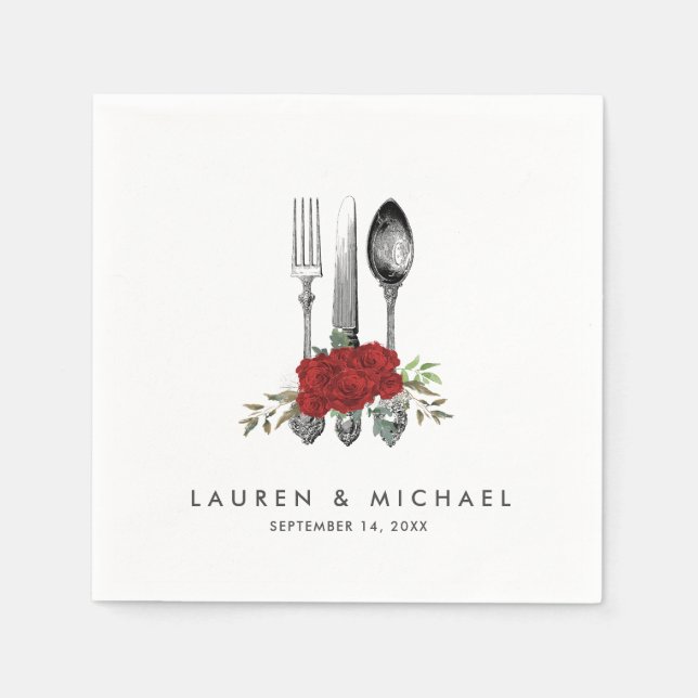 Serviette En Papier couverts roses rouges fleurs verdure mariage servi (Devant)