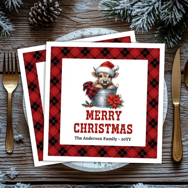 Serviette En Papier Cozy highland cow red black tartan holiday napkins (Cozy highland cow red black tartan holiday napkin)