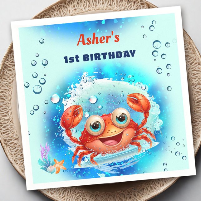 Serviette En Papier Crabe Turquoise 1er anniversaire Pool Party Custom (Crab Turquoise 1st Birthday Pool Party Custom Age Napkins)