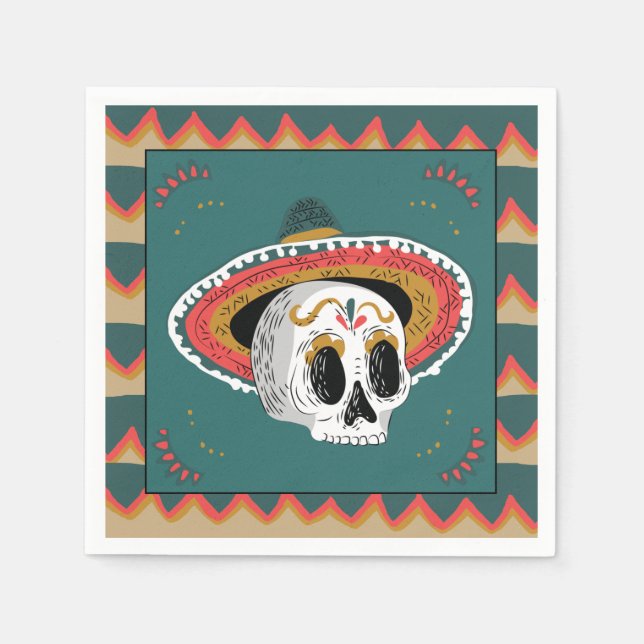 Serviette En Papier Crâne à sucre avec Sombrero (Devant)