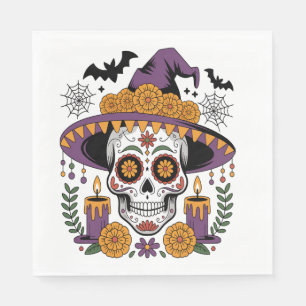 Serviette En Papier Crâne avec chapeau de sorcière vecteur Halloween