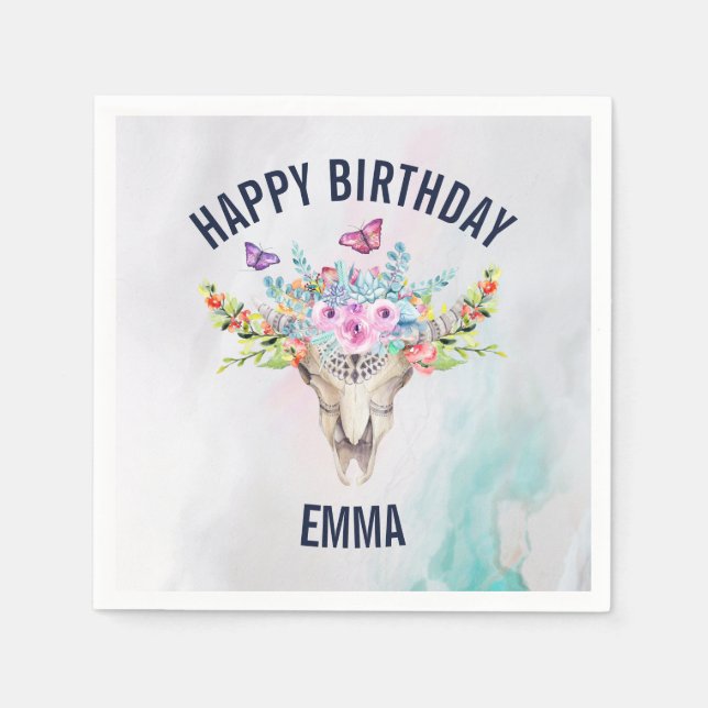 Serviette En Papier Crâne Boho avec papillons et fleurs Anniversaire (Devant)