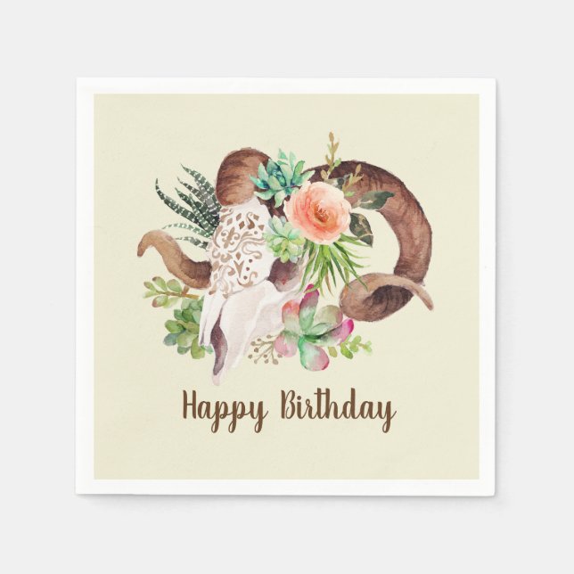Serviette En Papier Crâne de bélier et succulents Anniversaire (Devant)