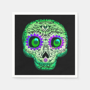 Serviette En Papier Crâne de sucre noir Halloween vert et violet lumin