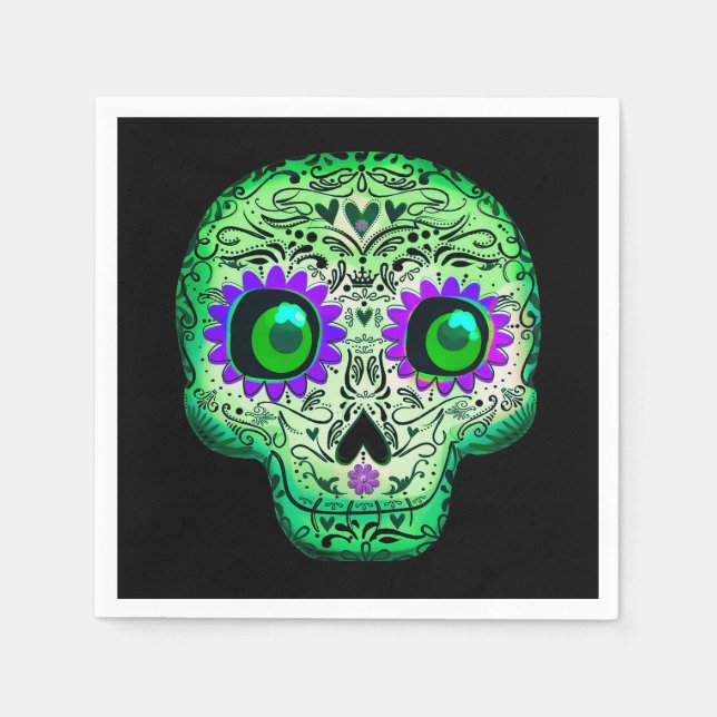 Serviette En Papier Crâne de sucre noir Halloween vert et violet lumin (Devant)