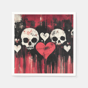 Serviette En Papier Crâne et Coeurs Grunge - Art rouge et noir gras