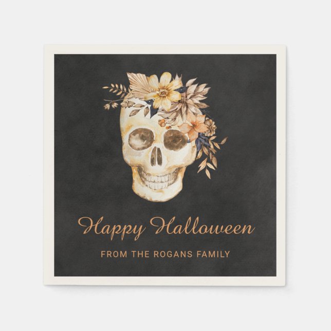 Serviette En Papier Crâne Floral Rustique Halloween (Devant)
